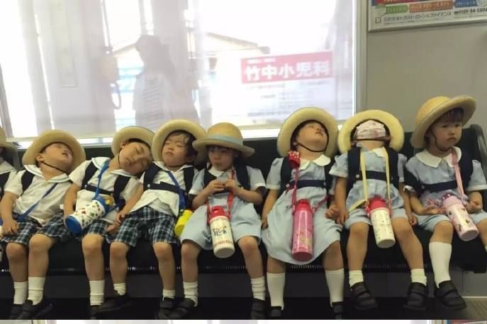 在日本的电车上，放学困成一排的小朋友。哈哈哈哈哈好萌啊！